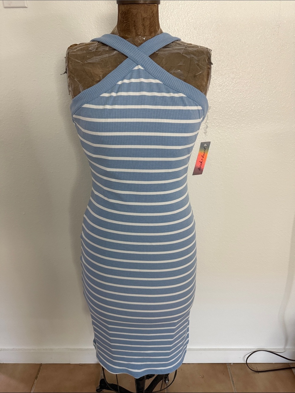 NWT Derek Heart Striped Halter Ribbed Bodycon Dress in Light Blue and White XL